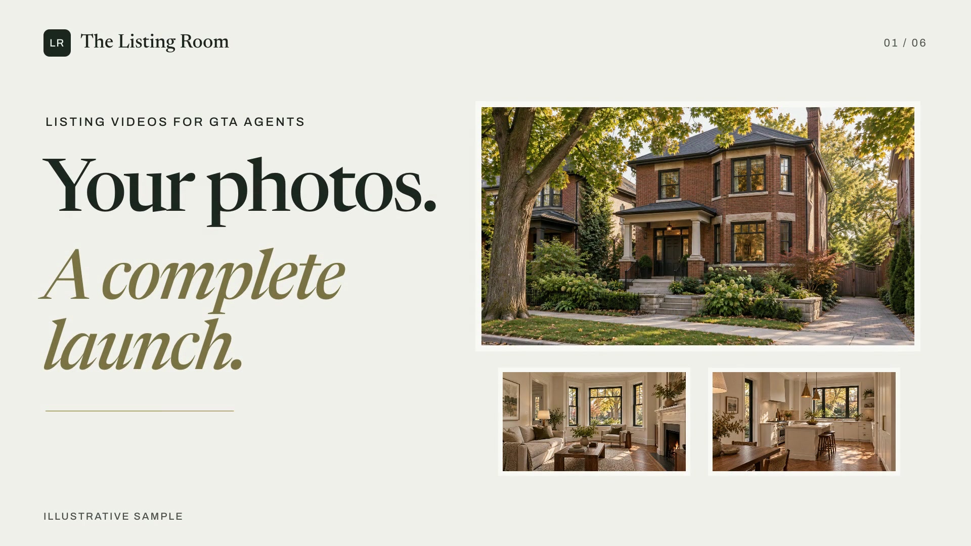 The Listing Room: your photos, a complete listing launch, with an illustrative Toronto home
